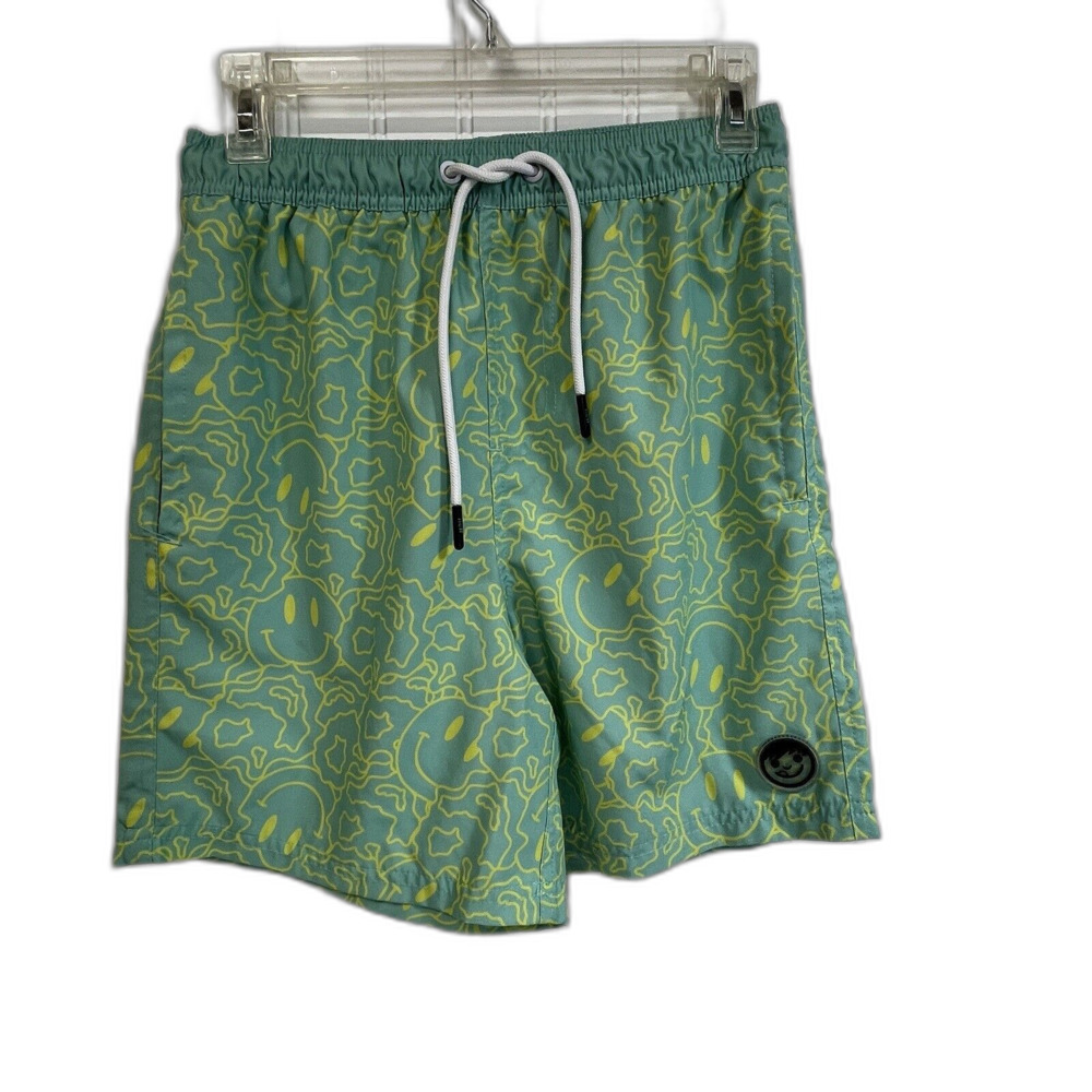 Neff Swim Trunks Green Yellow‎ Mens Smiley Face Logo Pockets Sz Med.